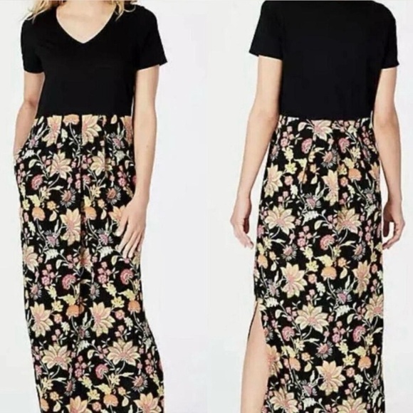 J. Jill Women's Elbow Maxi Dress Floral Black Short Sleeve Slit Pockets Sz S NWT - Picture 1 of 9
